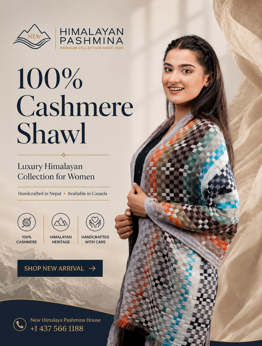 Elegant female model wearing luxury handcrafted pashmina shawl